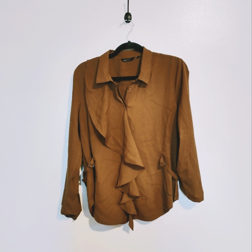 Wardrobe brown button up long sleeve top with asymmetric draped front and belt d